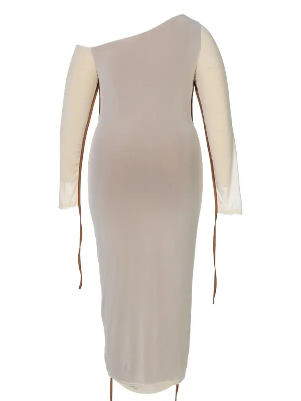 【Plus Size】 Colorblock Ruched Asymmetrical Neck Bodycon Dress, Elegant Long Sleeve Tulle Dress for Party Club Holiday, Women's Clothes for Spring & Fall, Longsleeves Womenswear, Lady 1