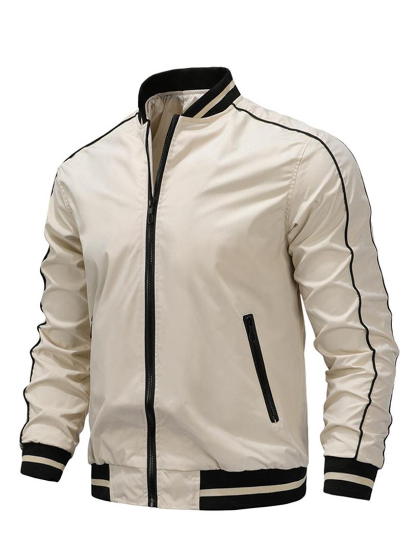 Product Introduction of Men's Striped Trim Zip Up Bomber Jacket, Casual Comfy Long Sleeve Baseball Collar Outerwear for Spring & Fall, Fashion Men's Clothes for Daily Wear 5