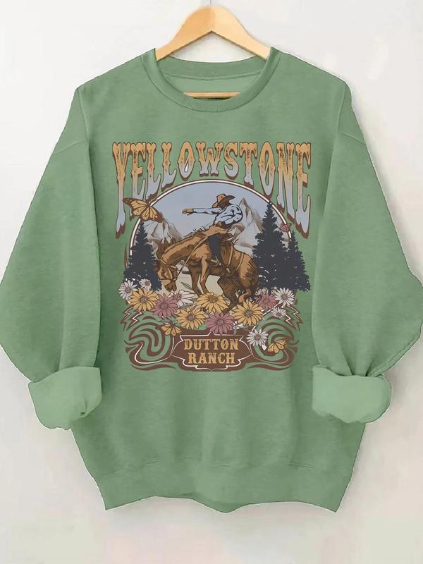 Women's Cowboy & Letter Print Drop Shoulder Sweatshirt, Casual Long Sleeve Round Neck Pullover,  Women's Clothes for Fall & Winter 0