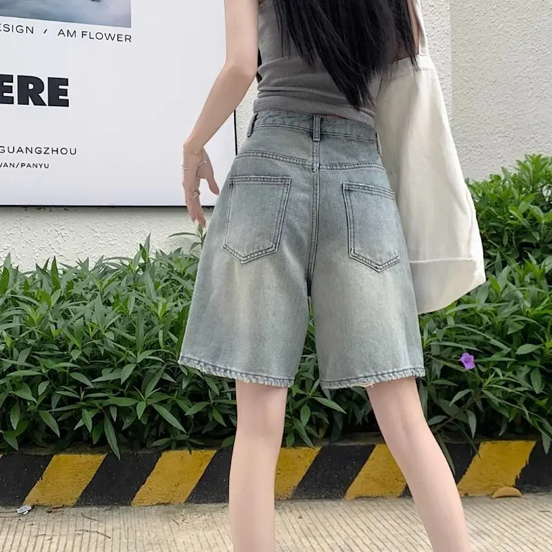 Quần Short Denim Ống Đứng Giặt Cổ Điển Quần Nữ Cạp Cao Ôm Dáng Rộng Làm Cũ Quần Mỏng Mùa Hè Ống Rộng Ong Women 3
