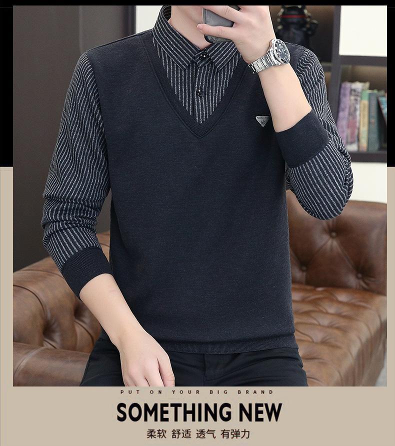 Product Introduction of 2024 Winter Fleece-lined Thickened Integral Velvet Sweater Men's False Two Pieces Knitted Sweater Youth Pu Handsome Men's Shirt Nam Slipper 17