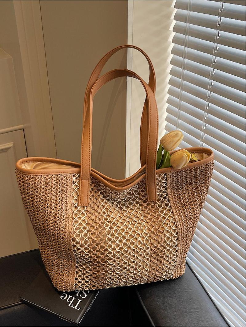 Product Introduction of Women's Fashionable Colorblock Straw Bag, Large Capacity Shoulder Bag for Women & Girls, Casual Trendy Versatile High-quality Daily Commuting Bag, Girl Fashionable Shopping Bag 0