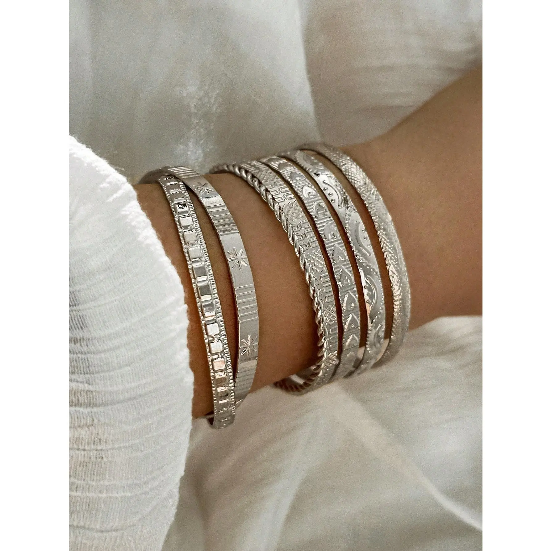 7pcs/Set European And American Style Bangle Set With Hammered, Arrow, Floral, Exaggerated Hexagram Design, Twist Open Bracelets Jewelry Gifts