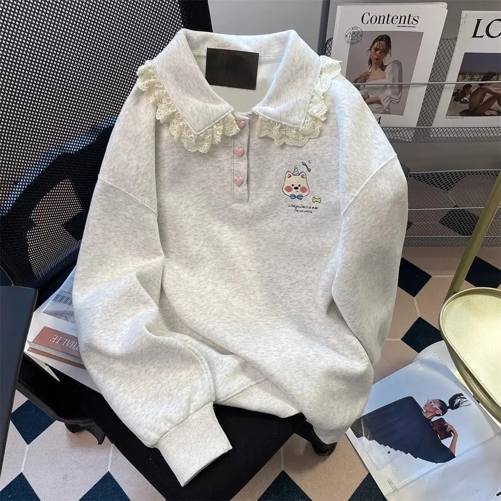 Áo Hoodie Polo, Phong Cách Thu Đông, Thiết Kế Sang Trọng Độc Đáo, Dành Cho Nữ, Cỡ Nhỏ, Phong Cách Nhật Bản, Áo Thêu Ren Dễ Thương