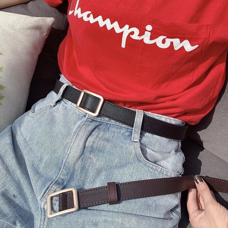 Thắt lưng da nhỏ không có lỗ khóa vuông thắt lưng hẹp unisex cho giới trẻ phong cách Hồng Kông thắt lưng trang trí đơn giản đa năng retro