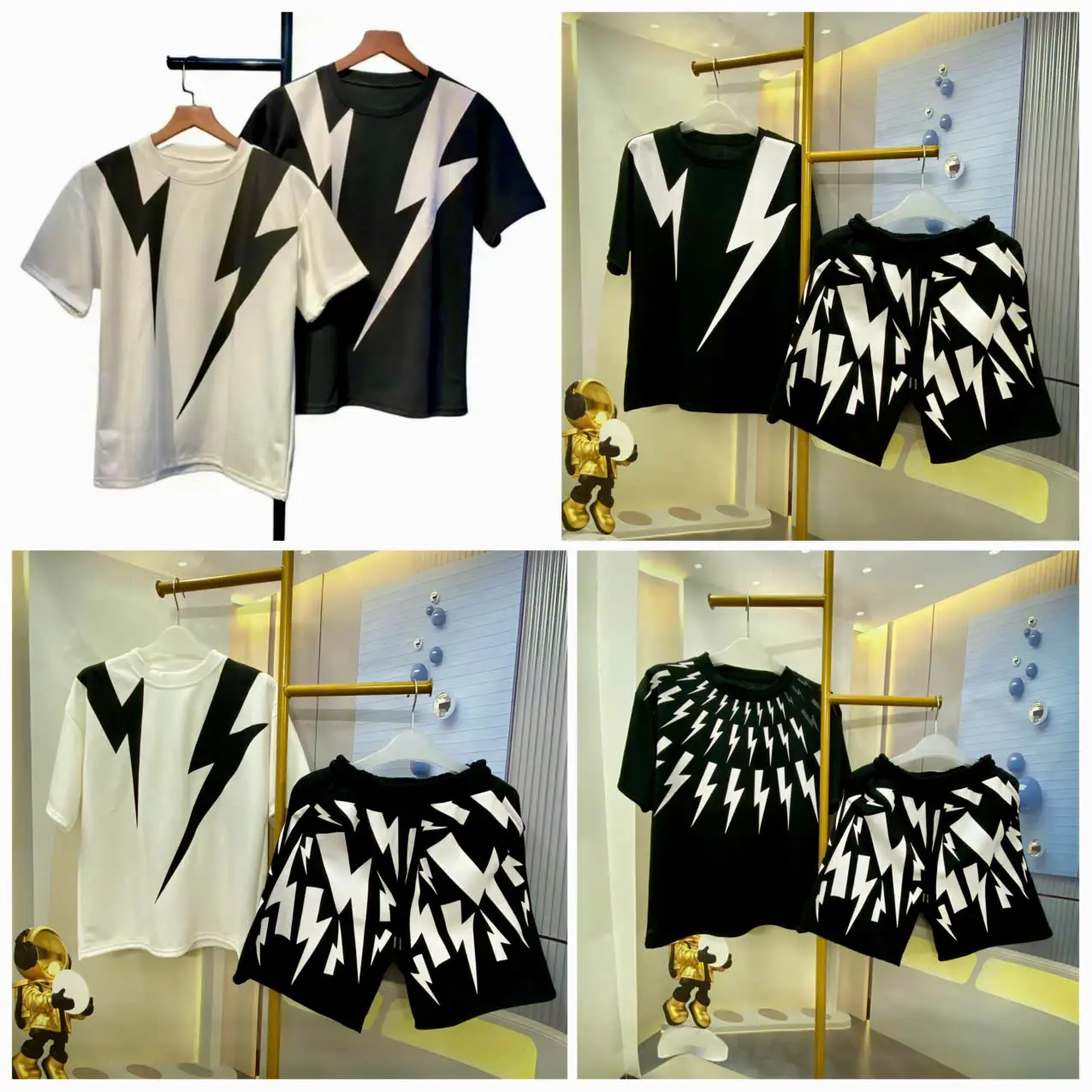 Bộ Đồ Nam Tia Sét Hai Màu Đen Trắng Áo Thun Cổ Tròn Menswear