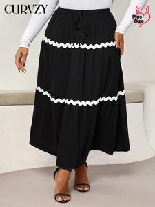 CURVZY Plus Size Striped Print Drawstring Waist Skirt, Casual Fashion Long Skirt for Daily Outdoor Wear, Women Clothing for All Seasons
