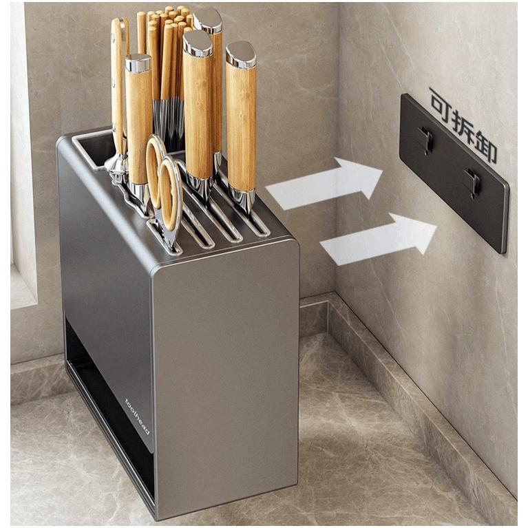 【SG Local Seller】Knife Holder Organizer Stainless Steel Rack This multifunctional kitchen storage rack with Utensil (gun gray) 3