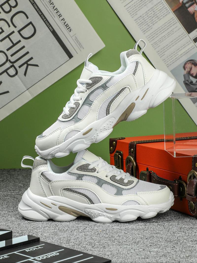 Product Introduction of Men's Fashionable Patchwork Lace Up Low Top Sneakers, Casual Comfortable Breathable Sports Running Shoes, Male All-match Round Toe Chunky Sneakers for Daily Life 3