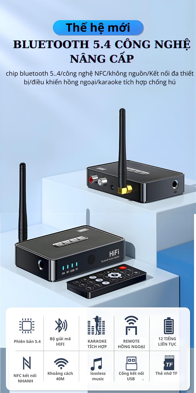 Bộ thu Bluetooth 5.1 âm thanh HIFI có cổng cắm mic hát karaoke chống hú, nghe nhạc USB thẻ nhớ, pin dùng 12 tiếng liên tục không cần cắm nguồn