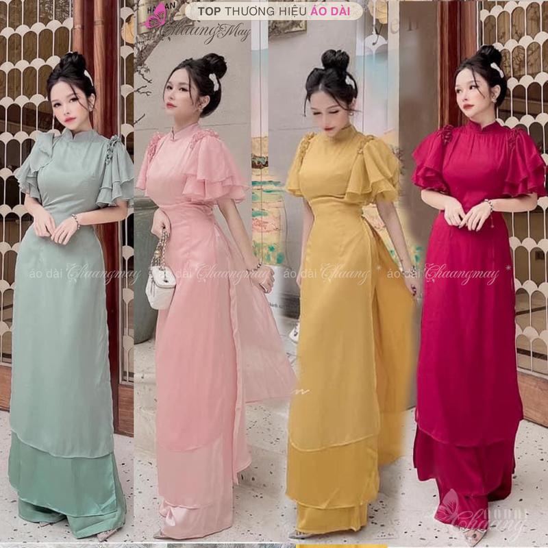 ĐỘC QUYỀN Áo Dài Cách Tân Nữ 4 Tà Lệch Lụa Tơ Đỏ Đô Cao Cấp Cổ Vuông Tay Bèo Cánh Tiên Dự Tiệc Lễ Tết Đẹp Women Dress Voi ADC668