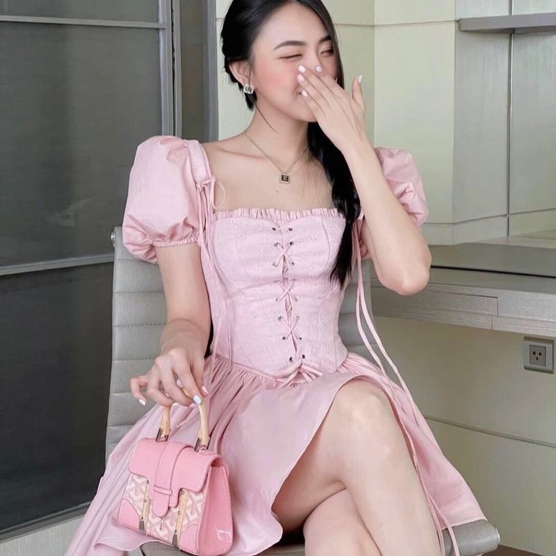 ( Chuẩn Hình + Ảnh Thật ) Đầm Váy Baby Doll Dáng Corset Thắt Nơ Xoè Trễ Vai Tay Bồng Trắng Hồng Bánh Bèo
