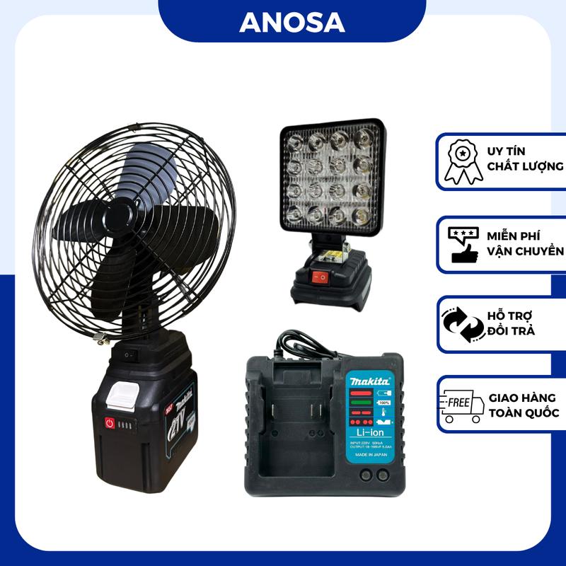 Combo 4 món (quạt 8inch, đèn led 16 bóng, pin 20 cell, sạc bàn) chân phổ thông Makita 4cm QuạT