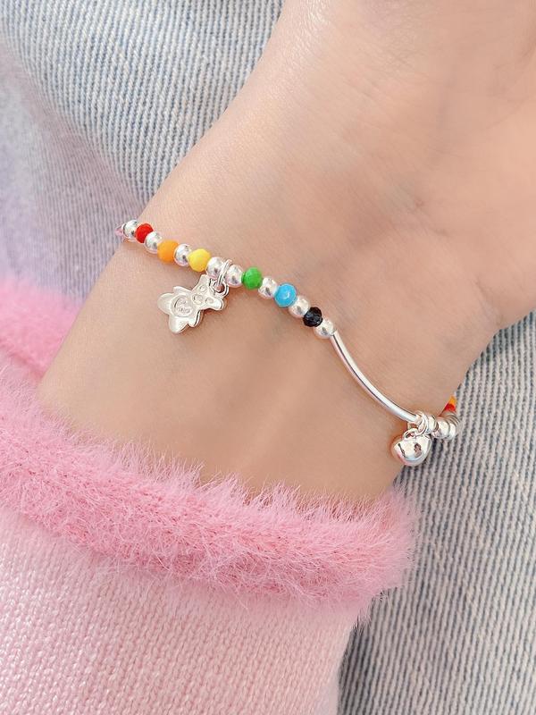 S925 Sterling Silver Cute Bear & Colorful Beads Decor Bracelet, Fashionable Jewelry for Women & Girls, Trendy All-match & Exquisite Jewelry for Birthday Gift 7