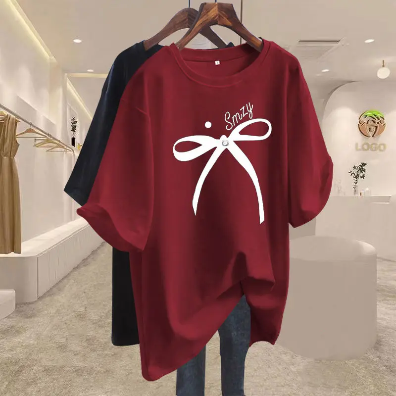 Mom Mid-Length Cotton Printed Butterfly T-shirt Women's Short Sleeve Loose Cotton New Summer European Goods Large Version Comfort Fashion Round Neck Top Womenswear Collar Customized Evening Fabric Gorgeous Overall Piece Simple Soft Style