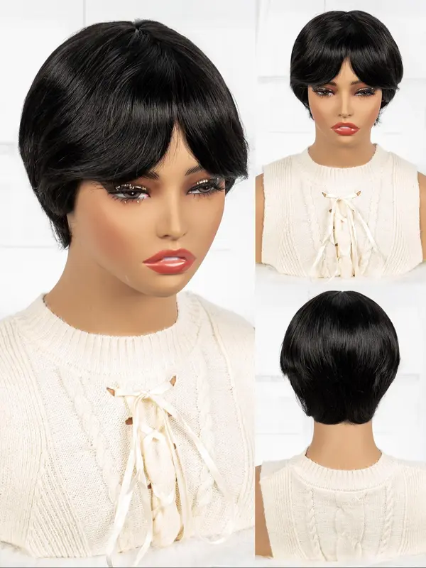 Black Short Bob Wigs for Women, Gorgeous Fluffy Wigs with Bangs, Human Hair Full Machine Wigs for Party, Daily Use 2