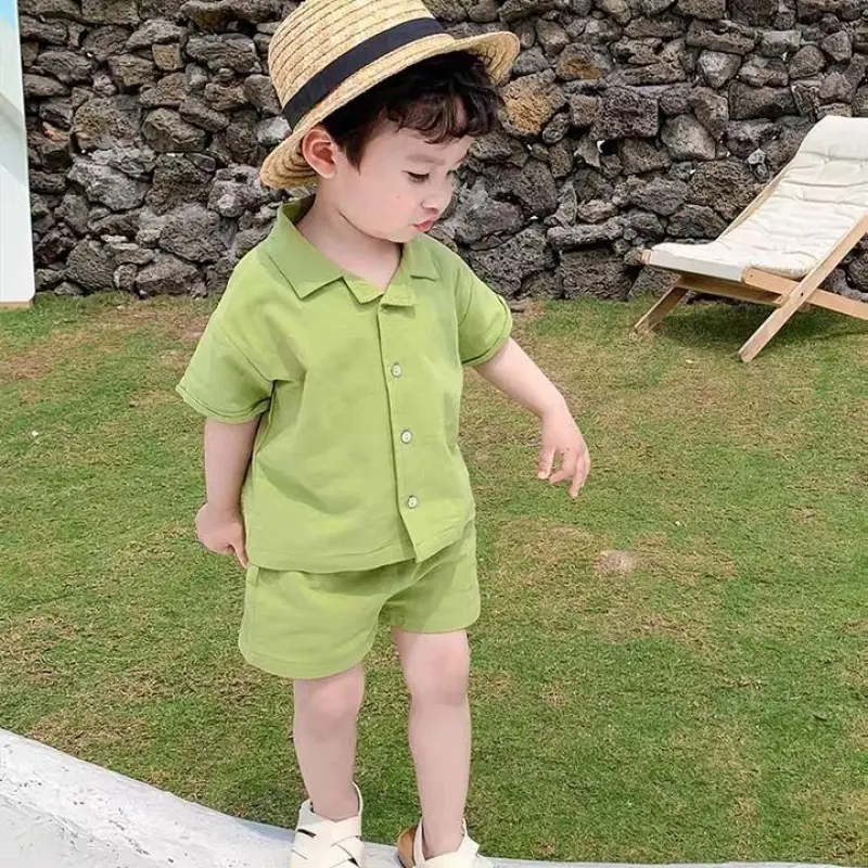Bộ sơ mi cộc bé trai - Set áo sơ mi ngắn tay cổ vest và quần short chất đũi cho bé từ 7-18kg