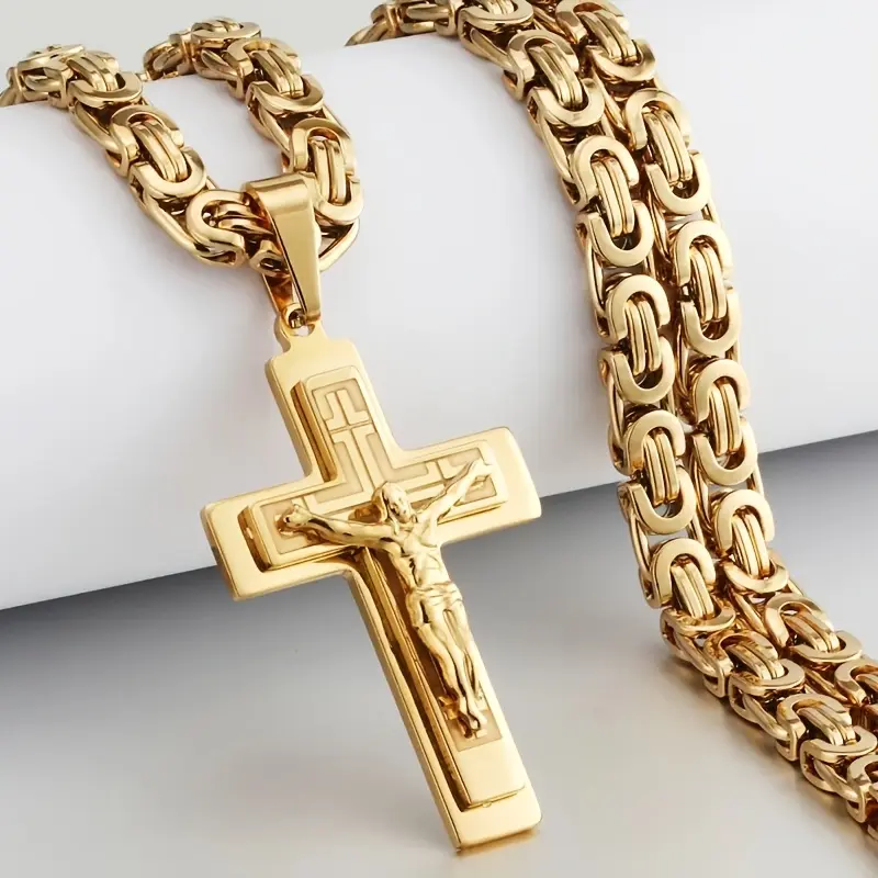 Men's Stainless Steel Triple Cross Pendant Necklace with U-Shaped Flat Link Chain - Golden-Tone Religious Jewelry for Casual & Formal Wear