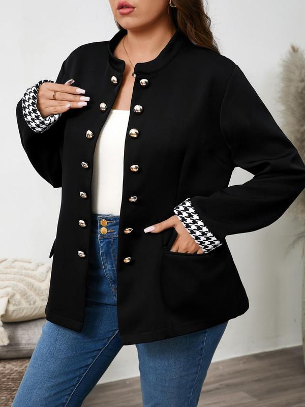 【Plus Size】 Houndstooth Patchwork Print Double Button Pocket Blazer, Casual Long Sleeve Outerwear for Fall & Winter, Women's Clothes for Daily Wear 3