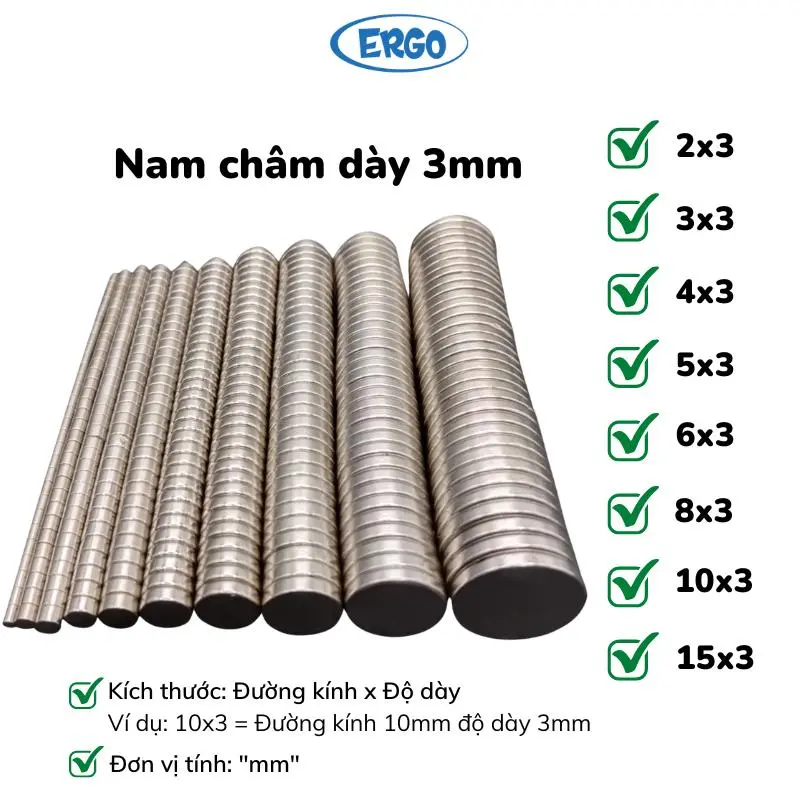 Nam châm đất hiếm, nam châm tròn nhiều kích thước độ dày 3mm lực hút siêu mạnh