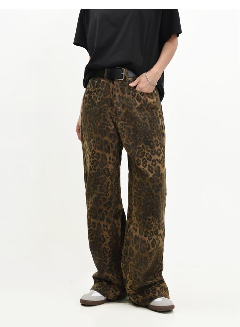 Product Introduction of 2025 New Vintage American Style Leopard Print Jeans - Loose Straight Leg Unisex Retro Pants | Trendy Casual Streetwear for Men & Women 9