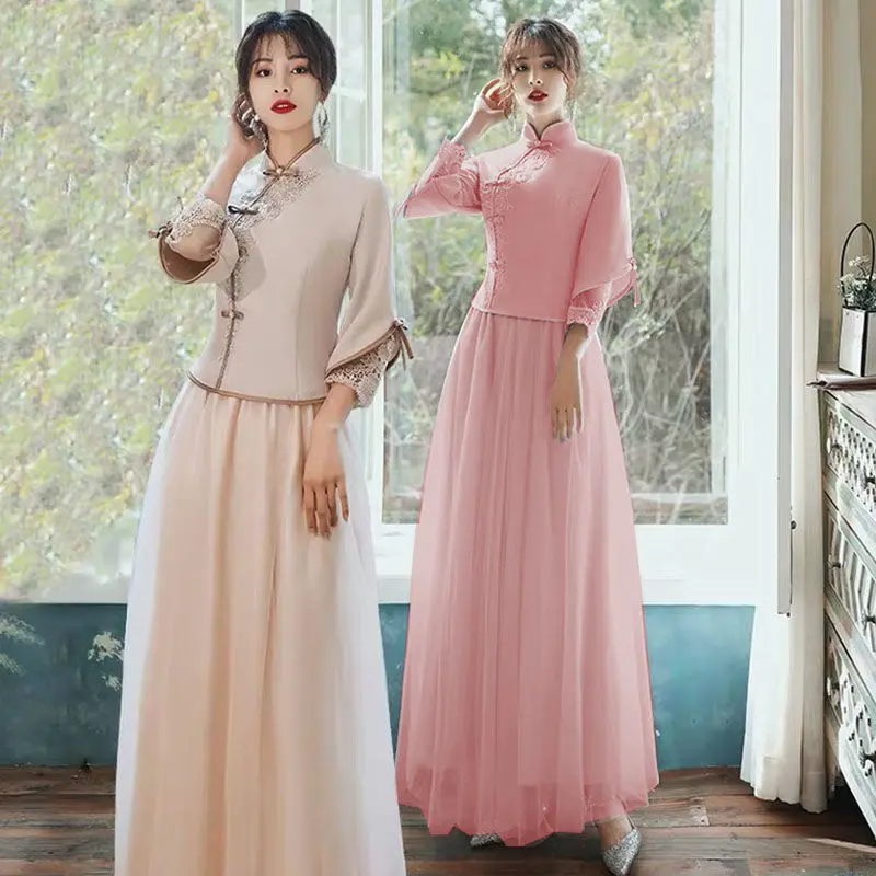 Váy Phù Dâu Dài Trung Quốc, Phong Cách Trung Quốc Mới, Nhóm Chị Em Tangzhuang, Xiuhe, Bạn Gái, quần Áo Ngoại Cỡ, Áo Cưới, Váy Cưới calem quần, Dress, Tay Phồng, Women 3