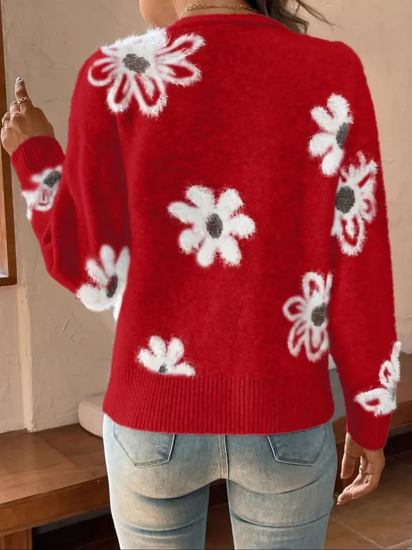 【Plus Size】 Floral Pattern Button Front Longsleeves Cardigan, Cute Elegant Chic Casual Drop Shoulder V Neck Knitwear for Fall & Winter, Women's Plus Clothing for Daily Wear, Knitting Ladies Winter Coat, Womenswear 8
