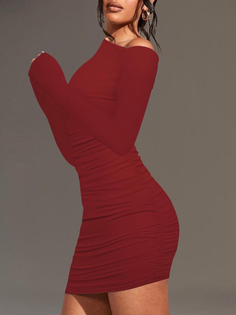 Product Introduction of Women's Plain Ruched Asymmetrical Neck Bodycon Dress, Classy Long Sleeve Short Dress for Party Club Dating Wear, Women's Clothing for Spring & Fall 6
