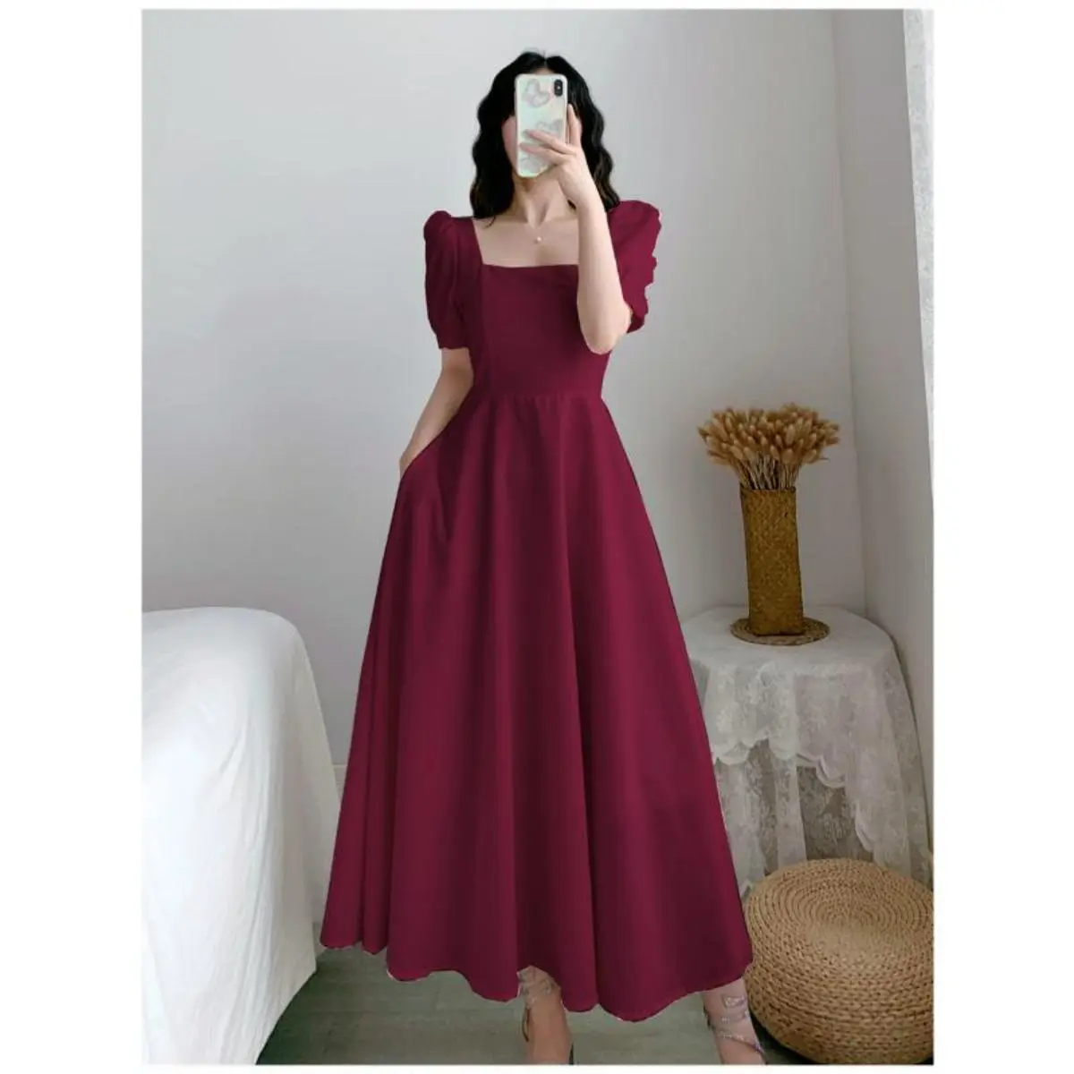 SG Bubble Sleeves Square Neck White Hepburn Light Mature Style Dress Women's White Skirt Wrapped Up to Show Thin Temperament Over Knee Long Dress Summer