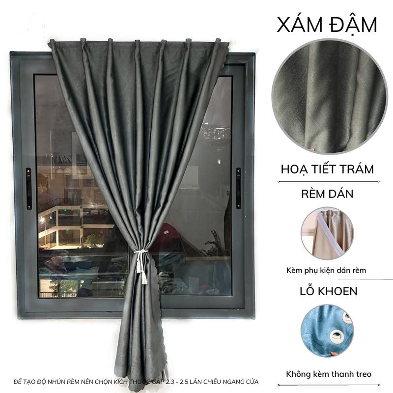 Rèm cửa sổ Minh Tâm Decor loại I dán tường tặng kèm phụ kiện rèm lỗ khoen không kèm thanh treo trang trí chống nắng chất liệu gấm dệt 3 lớp - màu XÁM ĐẬM TRÁM