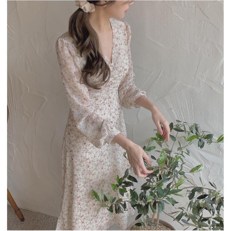 Gaun Bunga Sifon, Gaya Korea, untuk Wanita, Anggun, Sesuai untuk Awal Musim Luruh 7