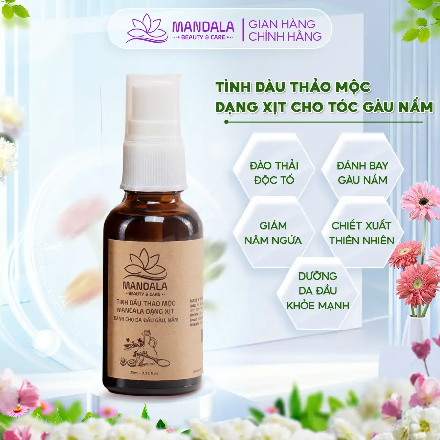 Tinh Dầu Thảo Mộc Dạng Xịt Mandala 30ml Hỗ Trợ Giảm Gàu Nấm, Ngứa, Dưỡng Tóc Chăm Sóc Tóc