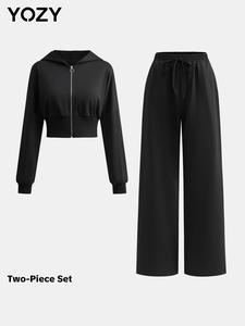 YOZY Women's Solid Zip Up Crop Jacket & Pocket Elastic Waist Pants Two-piece Set, Casual Long Sleeve Hooded Top & Tie Front Trousers for Daily Wear, Ladies Two-piece Outfits for All Seasons
