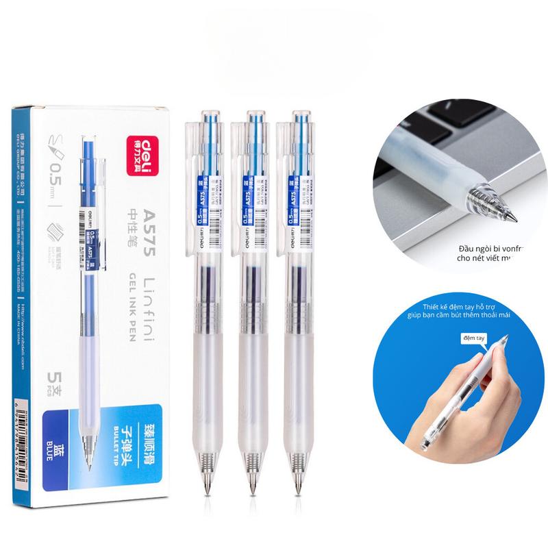 Bút Bi Mực Nước Cao Cấp Deli A575, Bút Bi Bấm Mực Đen Xanh Ngòi 0.5mm/ Có Ruột Thay Thế