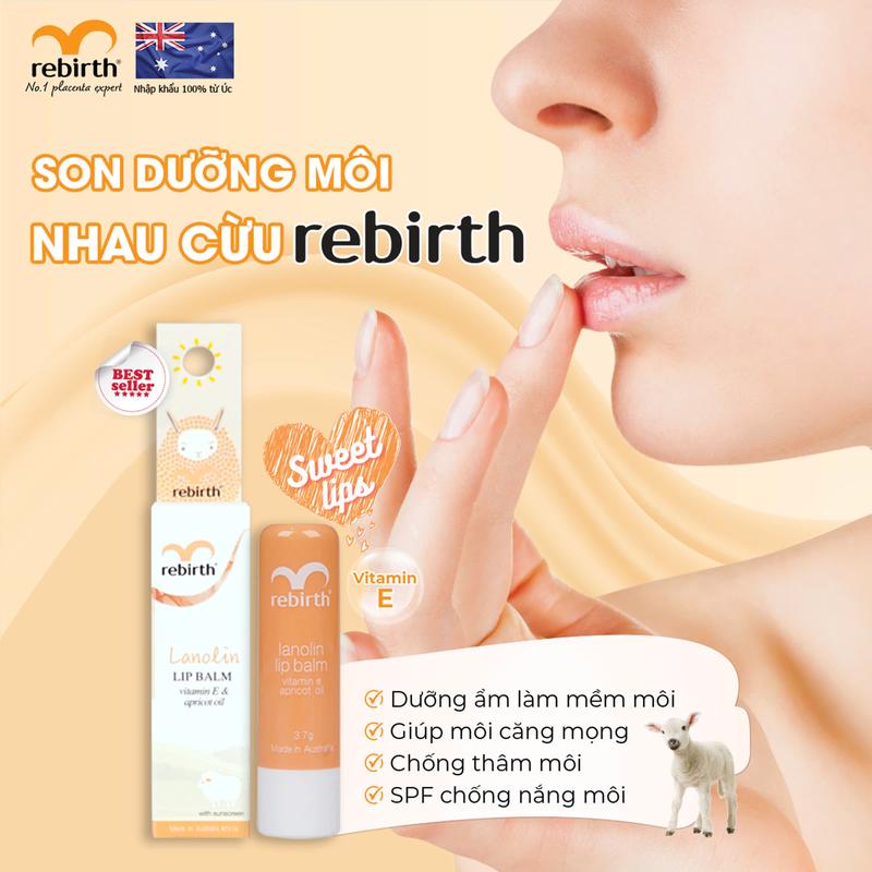 Son dưỡng ẩm nhau thai cừu Rebirth Lanolin Lip Balm with Vitamin E & Apricot Oil (3.7g)