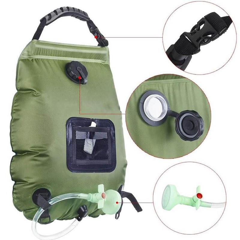 Product Introduction of Solar Shower Bag 20L Outdoor Solar Heating Premium Camping Shower Bag Hot Water Temperature 45°C with Removable Hose Shower Head 18