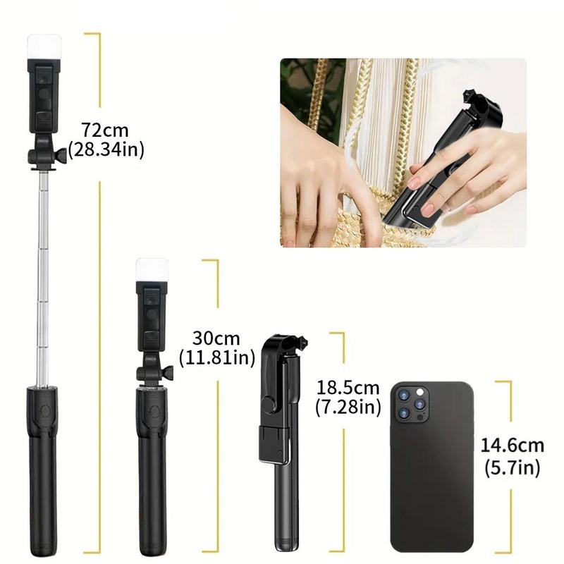 Product Introduction of Portable Selfie Stick Tripod, 1 Count Handheld Selfie Stick with Fill Light, 360 Degree Rotatable Phone Tripod, Universal Phone Accessories for Live Streaming, Phone Camera Stabilizer, Vlogging 1