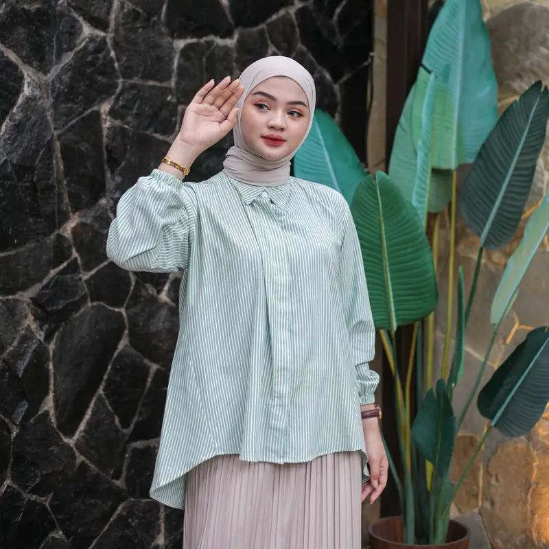 ELF STORE - KARA Kemeja Atasan Salur Stripe Katun LD Jumbo Wanita Muslim Panjang Kekinian Baju Oversize 3