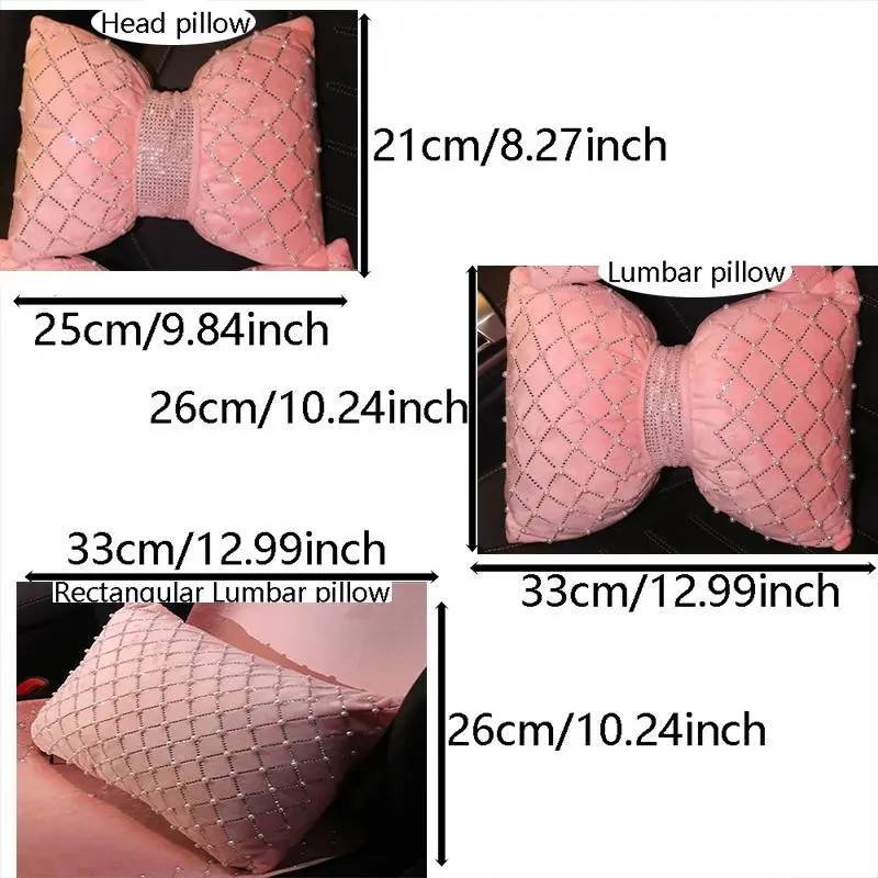 Rhinestone Decor Car Headrest Pillow & Lumbar Pillow, Cute Car Seat Neck Support Pillow, Sparkling Car Interior Accessories for Women & Girls 1