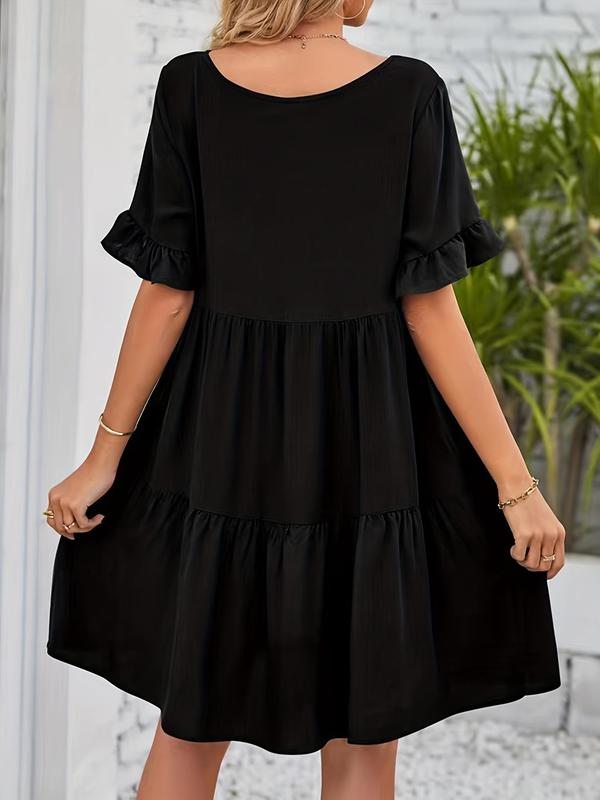 Plus Size Solid Ruffle Hem V Neck Dress, Casual Short Sleeve A-line Dress for Summer, Ladies Dresses Summer, Women's Summer Clothes for Daily Wear 1