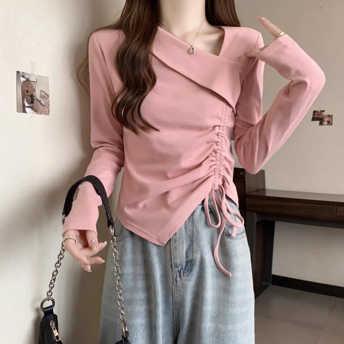 Áo Thun Dài Tay Bất Đối Xứng Ngoại Cỡ Dành Cho Phụ Nữ, Thiết Kế Mùa Thu 2024, Áo Sơ Mi Lớp Nền Dây Rút, Có Thể Mặc Bên Trong Áo Cánh