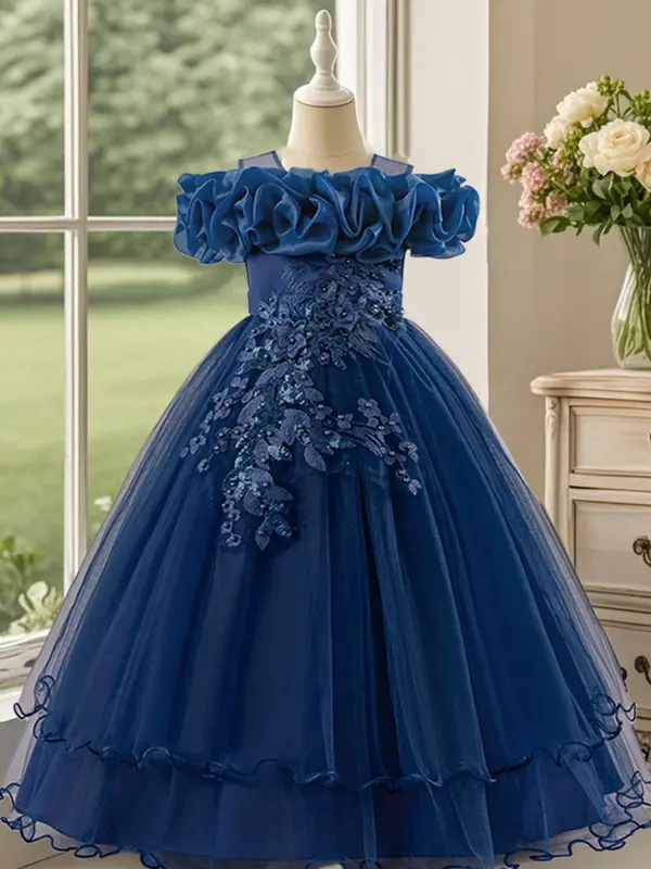 Off Shoulder Sequin Tulle Party Princess Dress, Elegant Floral Embroidery Sweater Dress for Evening Party, Kids Clothes for Summer 2