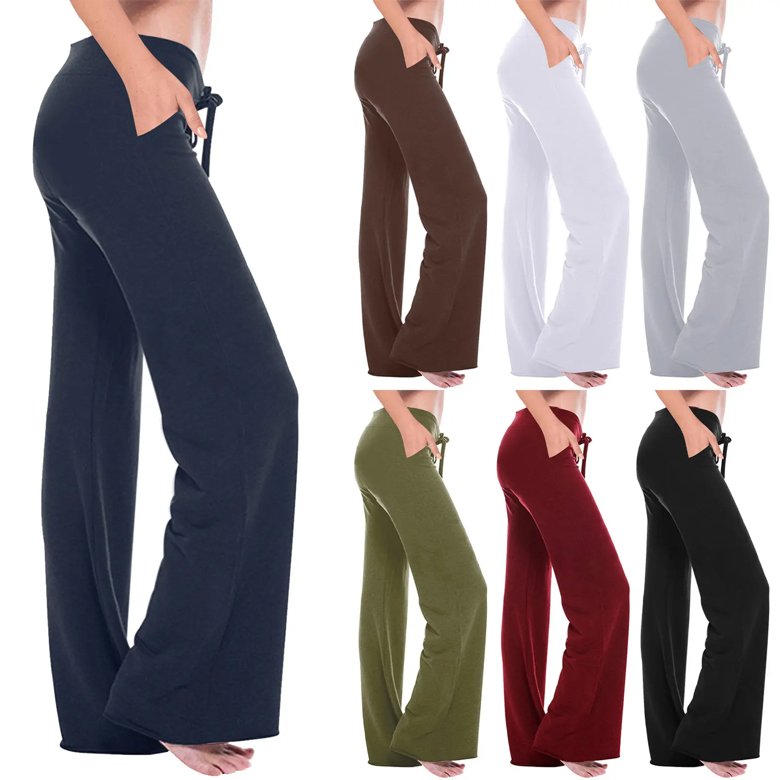 Women Workout Out Leggings Stretch Waist Button Pocket Yoga Gym Loose Pants d