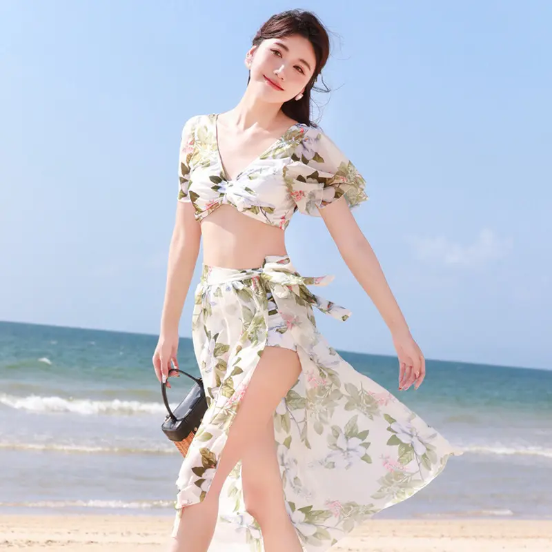Bộ Bikini Ba Mảnh, Bikini, Dành Cho Nữ, Phong Cách Người Nổi Tiếng Trên Internet, Thích Hợp Đi Kỳ Nghỉ Và Bãi Biển, Đồ Bơi Mùa Xuân Hè, Màu Hoa Trà Trắng