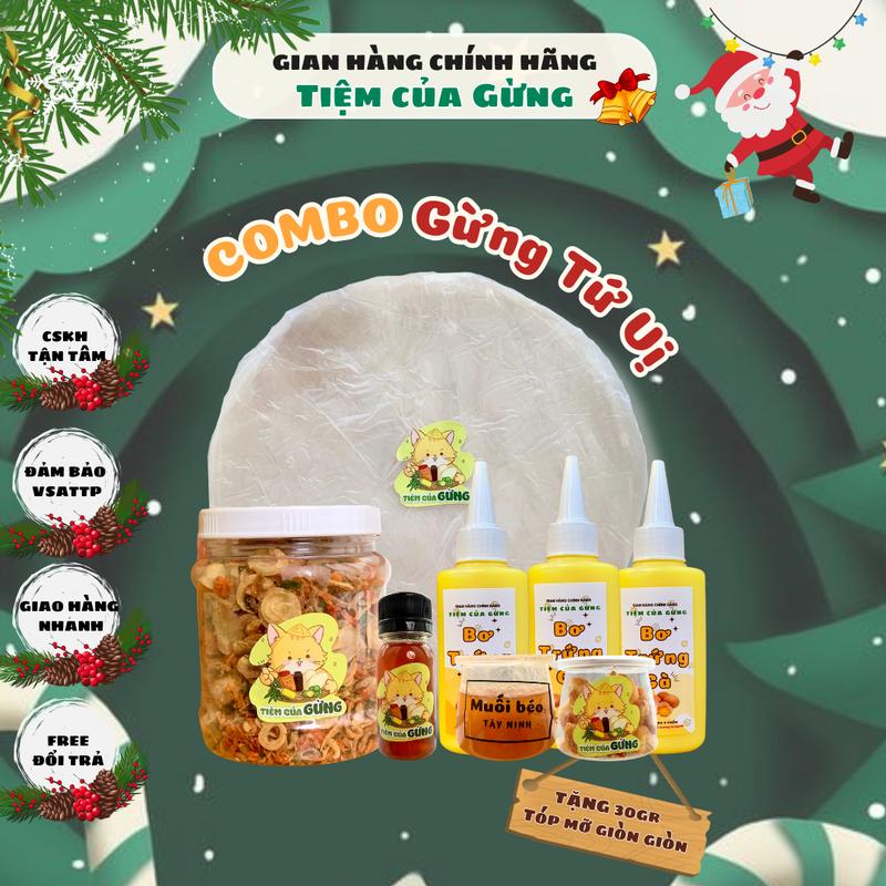 [COMBO GỪNG TỨ VỊ] BÁNH TRÁNG 200GR, RUỐC HÀNH PHI 120GR, BƠ TRỨNG 100GR, BƠ PHÔ MAI 100GR, BƠ TRỨNG MUỐI 100GR, BƠ MUỐI BÉO 80GR, SỐT TẮC 50GR, TẶNG TÓP MỠ 30GR