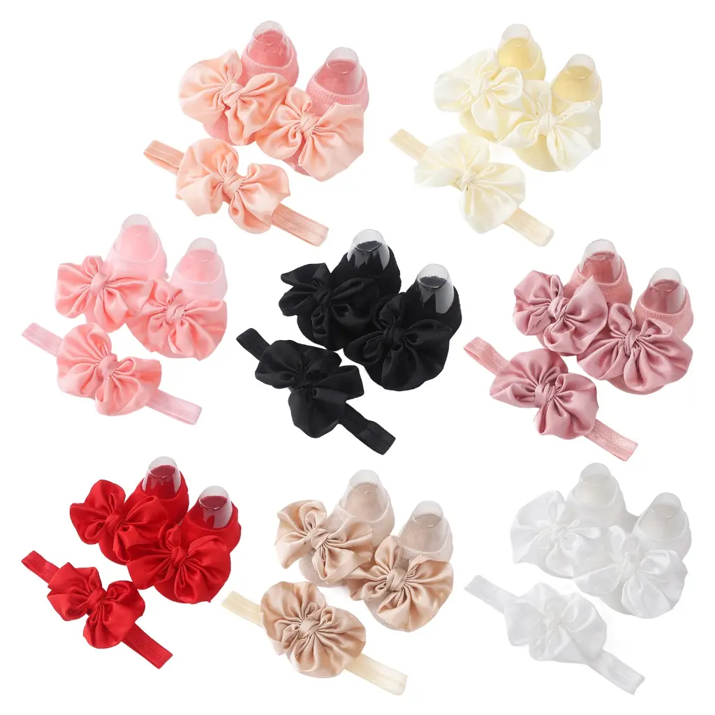 Anti-Slip Bowknot Floor Socks Headband for Baby Girls Boys Comfortable Prewalker Flat Shoes Indoor Socks Infant Hairband