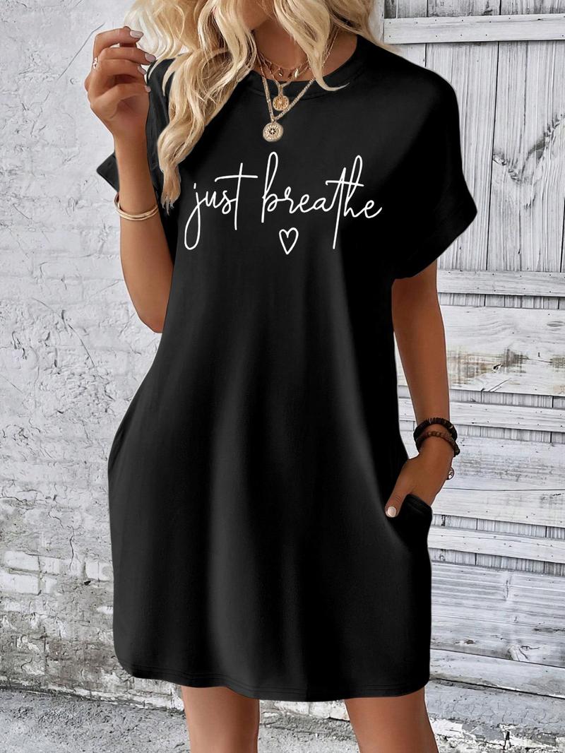 Product Introduction of Women's Just Breathe Letter Print Thermal Transfer Printing Short Dress, Casual Short Sleeve Round Neck Dress for Spring & Fall, Ladies Clothes for Daily Wear 3