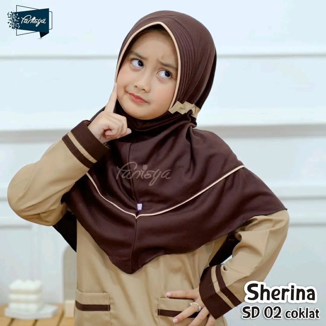 Fanisya Bergo Jilbab kerudung sekolah anak SD 02 cokelat Putih Nyaman Simple Muslim Pad