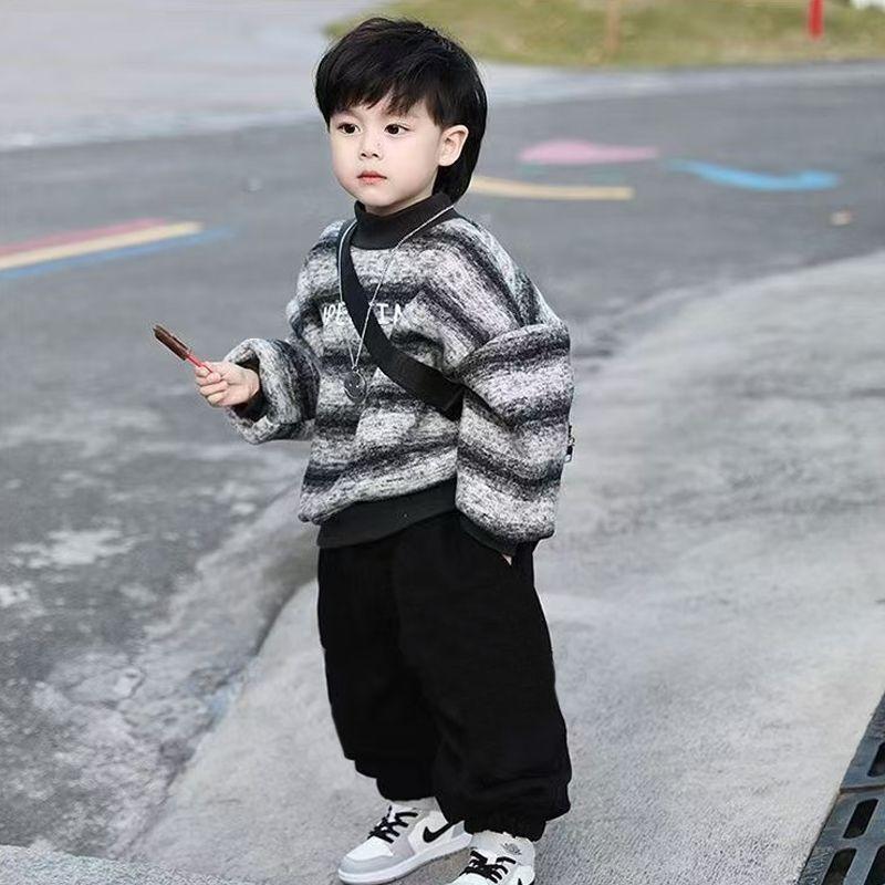 Bộ Đồ Lót Lông Cừu Mùa Đông, Cho Trẻ Em Mẫu Giáo, Ngầu Và Hoang Dã, Áo Hoodie Bé Trai, Quần Ống Côn Dáng Rộng Đi Chơi Bộ Đồ Hai Mảnh, Thời Trang 3