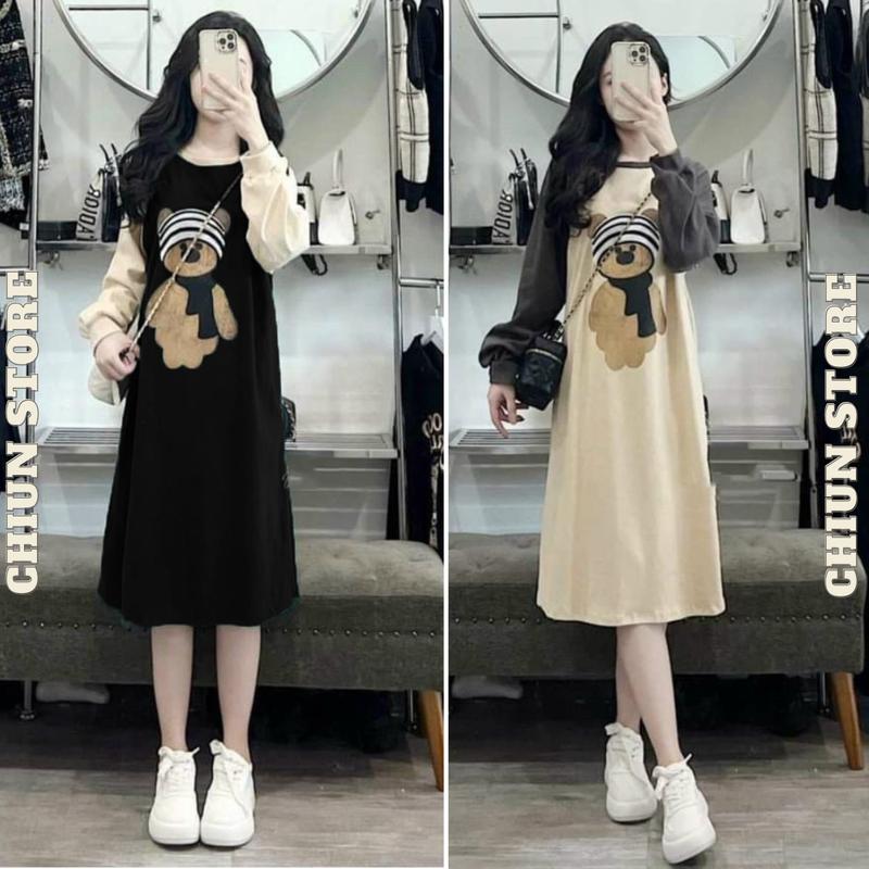Đâm Bầu Gấu Tay Màu Phối Thu Đông Váy Bầu Da Cá Xinh Dài Tay Mùa Đông Ấm Áo Dáng Xuông M588 Chiun Store Kem Nữ Nhung Women Dress